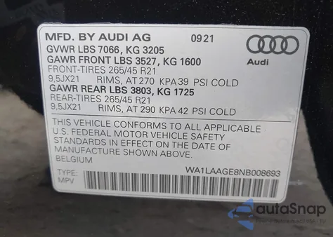 2022 Audi E-Tron Premium Plus Quattro z USA, uszkodzony, nr VIN WA1LAAGE8NB008693